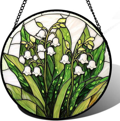 Stained Glass Window Hanging, Lily of The Valley Flower Sun Catchers Colorful Glass Panel Green Plants Suncatcher Decor for Birthday for Women,Men,Wife, Lovers, and Mom 14.9 in