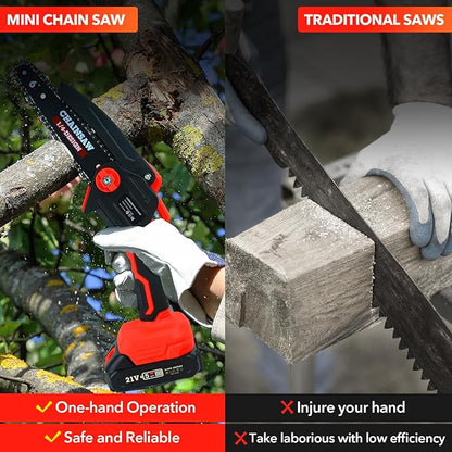 Mini Chainsaw Cordless Portable 6 Inch Handheld Chain Saw with Security Lock Small Electric Chainsaw with 2 Rechargeable Batteries for Wood Cutting Tree Trimming Gardening Camping