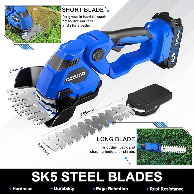 AZZUNO Hedge Trimmer Cordless, 2-in-1 Battery Powered Electric Hedge Trimmer&Grass Shears with Battery and Charger Included,Handheld Grass Cutter Shrub Trimmer for Gardens, Yards, Lawns