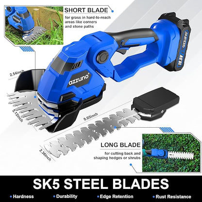 AZZUNO Hedge Trimmer Cordless, 2-in-1 Battery Powered Electric Hedge Trimmer&Grass Shears with Battery and Charger Included,Handheld Grass Cutter Shrub Trimmer for Gardens, Yards, Lawns