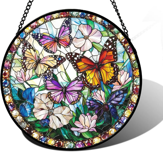 Stained Glass Window Hanging, Colorful Butterfly Suncatcher for Doors Home Sun Catchers Decoration and Christmas, Mother's Day Birthday Gifts for Women, Men, and Mom 11.8x11.8 in