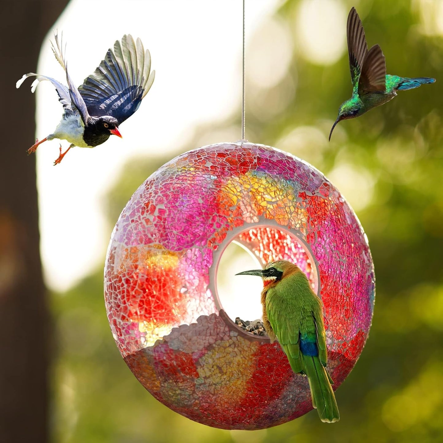 Mosaic Bird Feeder Outdoor Fly Through Wild Hanging Glass Design Birdfeeder for Garden