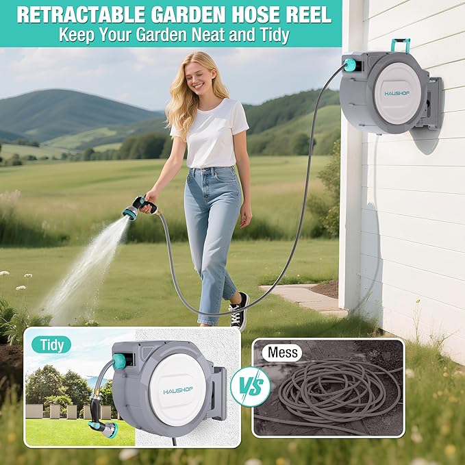 HAUSHOF Retractable Garden Hose Reel 1/2” x 130 ft, Auto-Lock at Any Length, Slow Return System, Wall Mounted and 180° Swivel Bracket for Outside Water