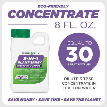 Earth's Ally 3-in-1 Plant Spray 8 oz Conc. Makes 6 gal | Better Than Neem Oil | Insecticide, Fungicide & Spider Mite Control for Organic Gardening, Pest Repellent for Indoor & Outdoor Gardening