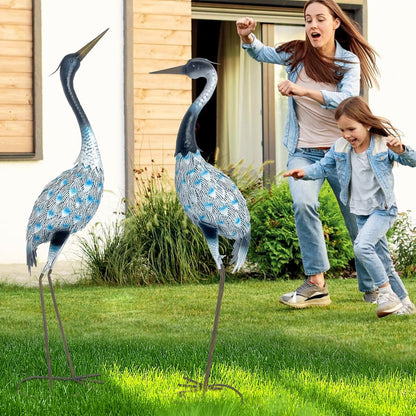 HONGLAND Garden Crane Statues Blue Heron Sculptures for Outdoor Metal Large Birds Lawn Ornaments for Yard Patio Porch Outside Decorations,Set of 2