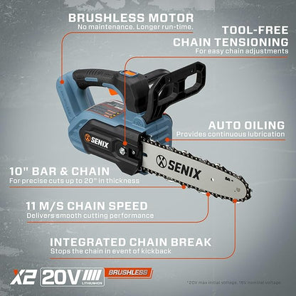 SENIX 20V 10" Electric Chainsaw, Cordless Battery Powered Top Handle Chainsaw, Brushless Chain Saw, Garden Tool for Trees, Pruning, Branch Cutting, Yard, Fathers Day Gift, Tool Only, CSX2-M1-0