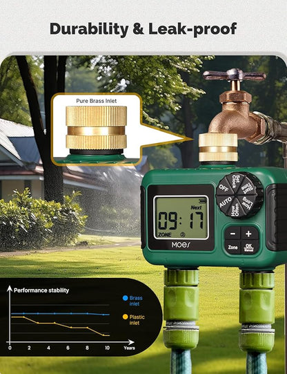 MOES 2 Outlet Sprinkler Timer, Brass Inlet, Programmable Automatic Irrigation Controller, Rain Delay, Manual Watering, 2 Zone Water Hose Timer for Gardens, Lawns, and Hose Systems