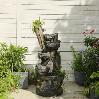 Outdoor Cascading Water Fountain Garden, 43.7'' Resin Tree Trunk & Rock Design Garden Waterfall Feature with LED Lights for Patio, Porch, Backyard and Home Decor, Gift