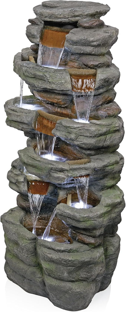 Alpine Corporation TZL352 Outdoor Floor Stone Tower Fountain with LED Lights, Multi-Level Garden Water Fountain, 47"H, Gray
