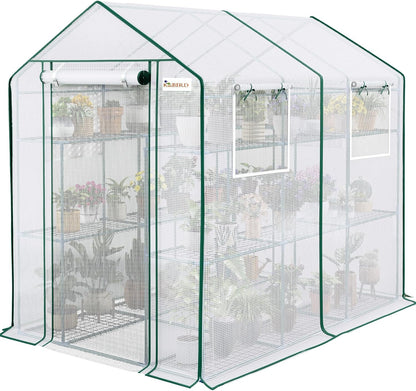 KING BIRD Premium Greenhouse for Outdoors, 84 x 56 x 77 Upgraded PE Cover & Steel Frame Walk in Hot House, w/ Zippered Screen Windows Mesh Door, 3 Tiers 20 Shelves for Outside Garden, White