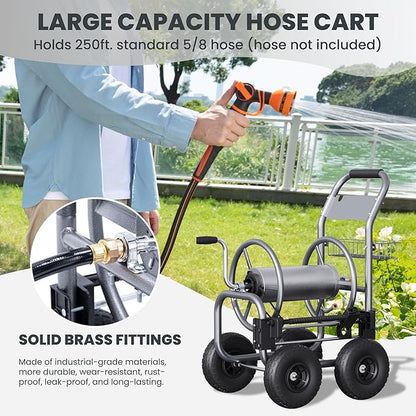 Giraffe Tools Hose Reel Cart with Wheels - Heavy Duty Industrial Hose Reel for Outside, 250-Feet of 5/8" Hose Capacity, Hose Guide Pre-Installed