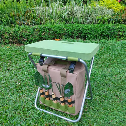 Garden Folding Gardener Stool with Gardening Tools Insulation Garden Bags Plus 5 Garden Tools and Gardening Kneeler Ideal Gift for Mother's Day/Father's Day (Green)
