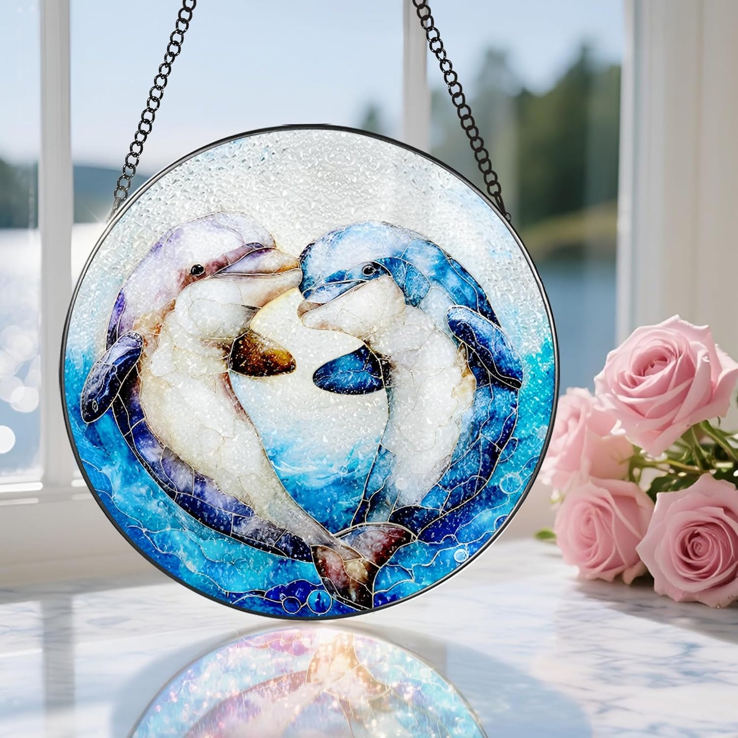Stained Glass Window Hanging, 8 Inch Dolphin Sun Catcher Decor, Stained Glass Ornament, Suncatchers for Windows Hanging, Window Decor, Dolphin Gifts, Gift for Couples