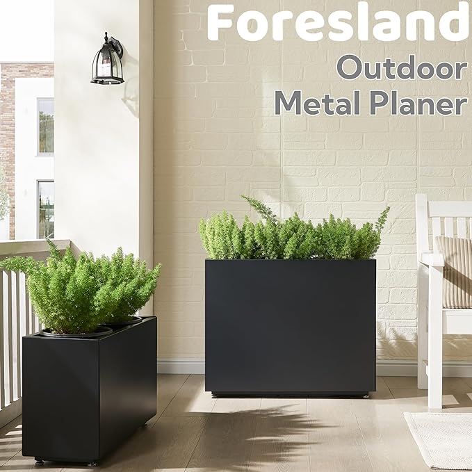 Outdoor Metal Planter Box 26Wx10Dx16H, Large Rectangular Trough Planters, Easy 5-Min Assembly, Modern Plant Container with Drainage Holes, Heavy Duty, Weather Resistant, Black