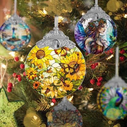 Stained Glass Suncatcher, Jocidea Sunflower and Butterfly Decor, Christmas Ornament, Holidays Ornaments, Christmas Tree Ornament, Sunflower and Butterfly Gifts