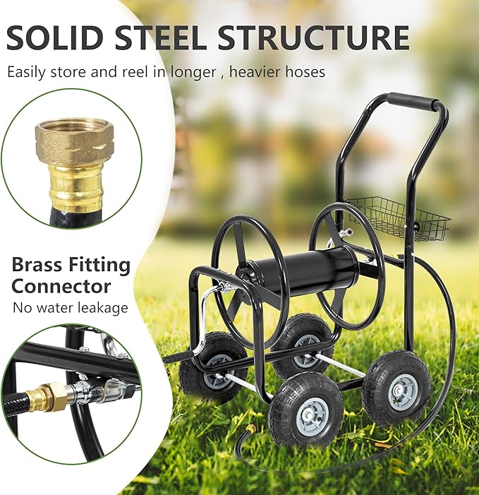 Hose Reel Hold Up To 300 Ft Heavy Duty Garden Hose Reel Sturdy Water Hose Reel Cart with 4 Wheels Storage Basket for Garden Lawn Yard Outdoor (Black)