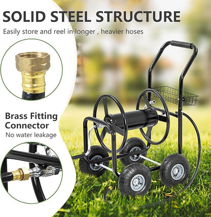 Hose Reel Hold Up To 300 Ft Heavy Duty Garden Hose Reel Sturdy Water Hose Reel Cart with 4 Wheels Storage Basket for Garden Lawn Yard Outdoor (Black)