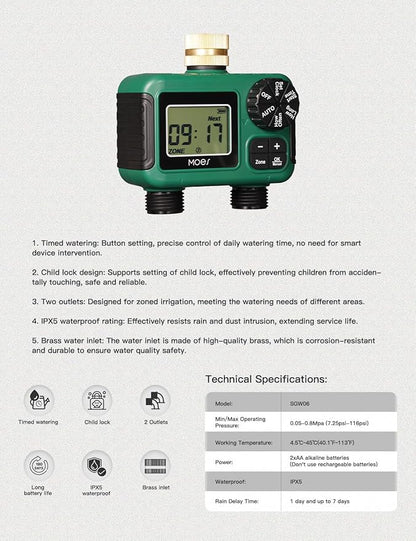 MOES 2 Outlet Sprinkler Timer, Brass Inlet, Programmable Automatic Irrigation Controller, Rain Delay, Manual Watering, 2 Zone Water Hose Timer for Gardens, Lawns, and Hose Systems