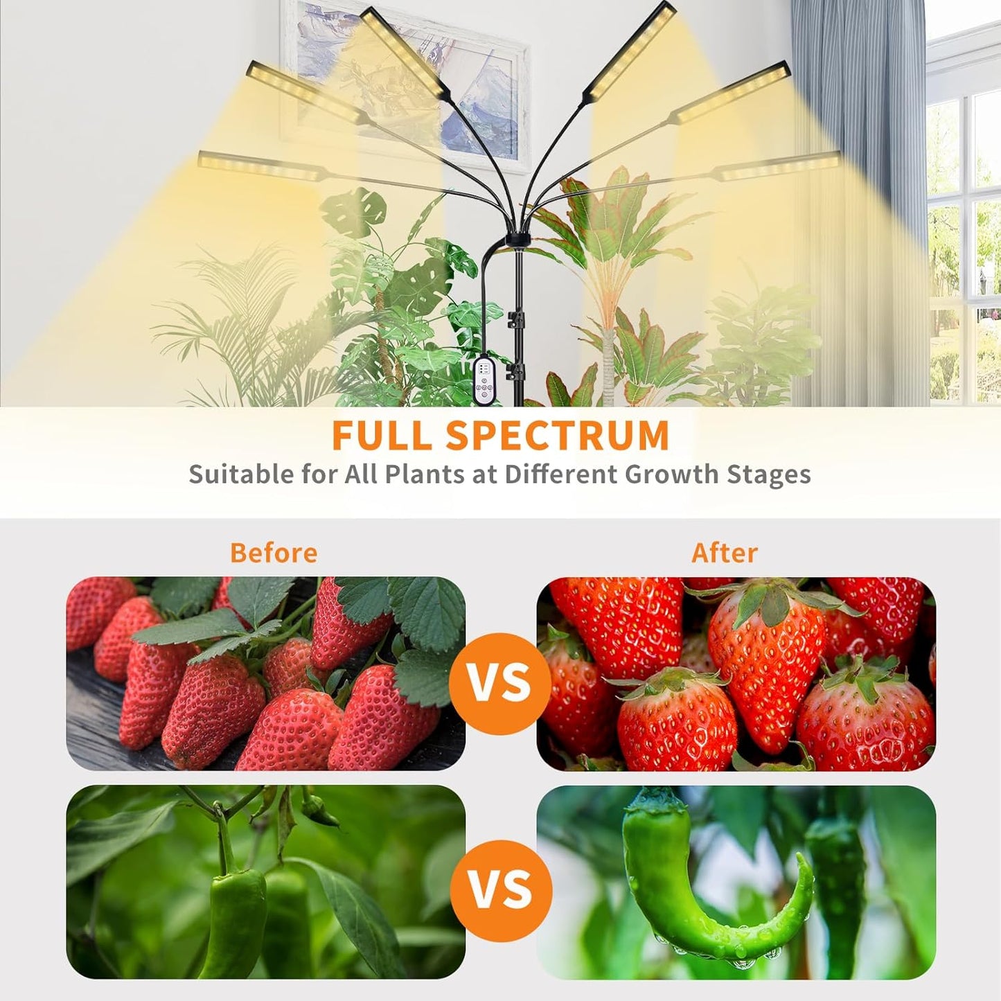 Grow Lights for Indoor Plants Full Spectrum, 6 Heads 342 LED Plant Light with Auto On/Off Timer, 10-Level Dimming & Adjustable Stand for Houseplants, Home Gardeners