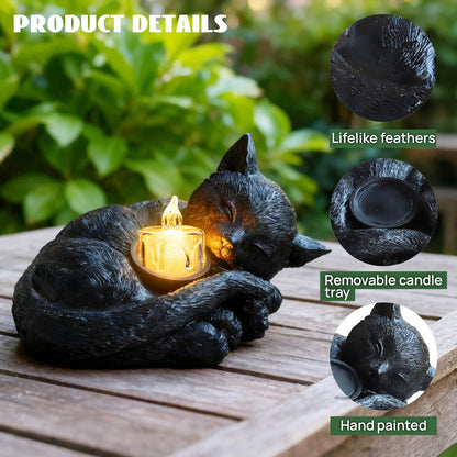 Sleeping Cat Candle Holder Statue Realistic Resin Cat Figurine with Candle Tray Outdoor Garden Decor for Patio Yard or Indoor Use for Cat Lovers Women and Memorials Black