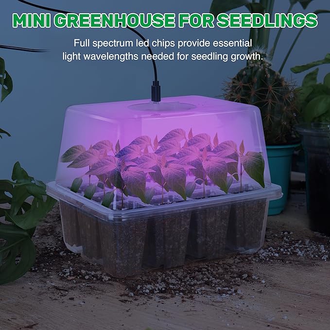 Bonviee 5 Packs Seed Starter Tray with Grow Light, Elevated Seedling Starter Trays Kits with Adjustable Humidity Domes and Clear Cell Tray, 12 Full Spectrum led lamp Beads for Plants Indoor-Clear