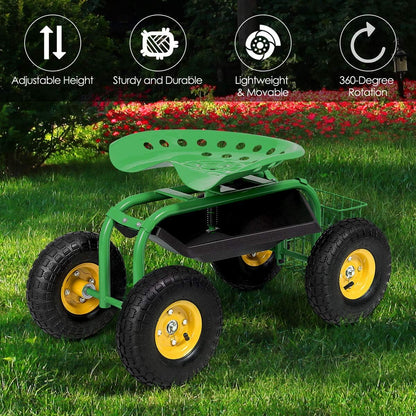 IRONMAX Garden Cart with Seat, Heavy Duty Gardening Work Stools w/Height Adjustable Seat & 10’’ Large Wheels, Rolling Garden Scooter for Outdoor Lawn Yard Planting