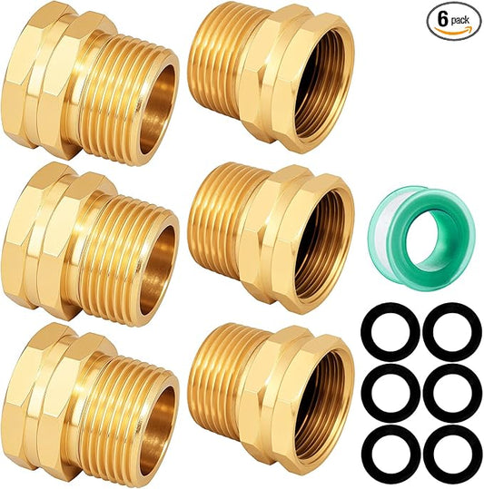 Garden Hose Adapter: Brass 3/4" GHT Female to 3/4" NPT Male Reducer, Leak-Proof Connector (3/4" GHT Female to 3/4" NPT Male, 6-Pack)