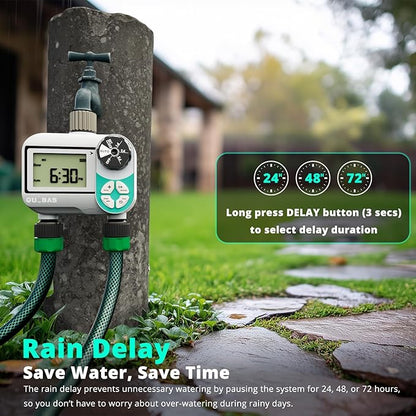 QUOBAS Weekly Plan 2 Zone Sprinkler Timer with Metal Inlet & Outlet, Water Timer for Garden Hose with Rain Delay/Manual Watering/Automatic Watering Controller System for Watering Lawn, Yard, Garden