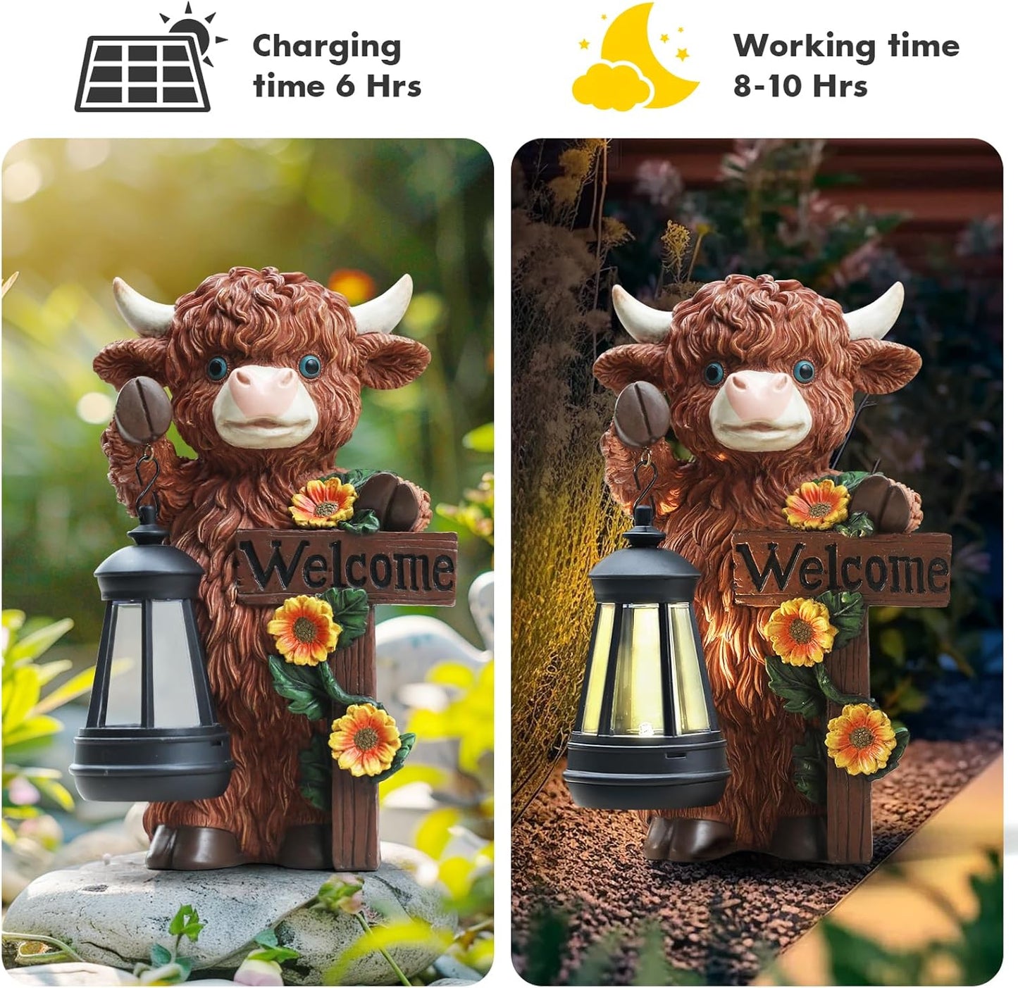 Solar Highland Cow Garden Decor - Outdoor Waterproof Resin Statues with LED Lights, Solar Patio Figurines for Yard & Lawn (1-Pack, Auto On/Off)
