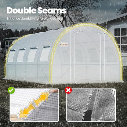 KING BIRD Premium 20x10x6.6FT Greenhouse for Outdoors, Large Walk-in Upgraded Galvanized Metal Frame, Mesh Door Screen Window Improved Zipper Tunnel Hoop for Garden Plant Winter, 2 Stiffeners, White
