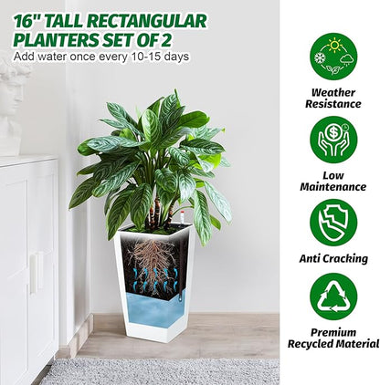 GarveeLife 16 in Tall Planters Set of 2, Outdoor＆Indoor Black Planter Pots, High Front Porch Planter Pots with Drainage Holes＆Water Level Monitor＆Inner Bucket, Automatic Watering,White