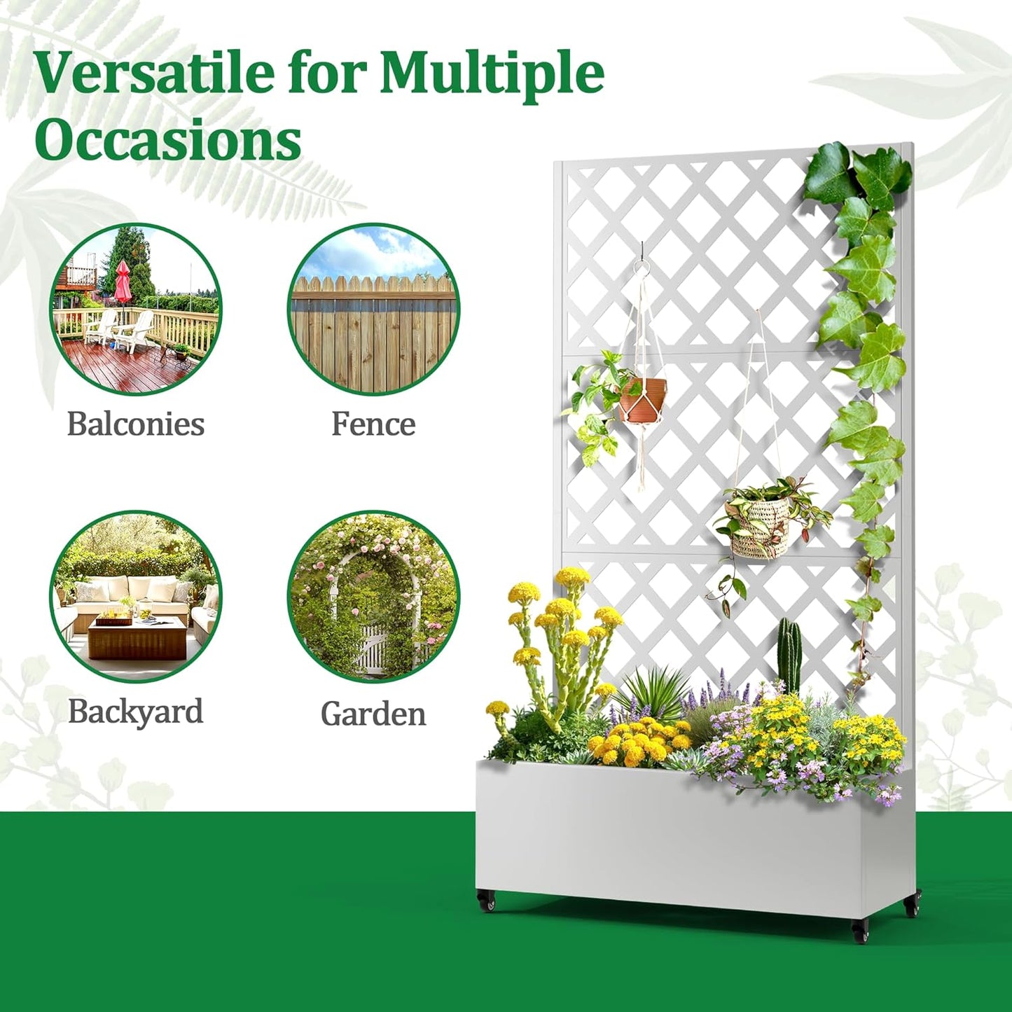 Metal Raised Garden Bed with Trellis and Wheels, 2 in 1 Trellis with Planter Box & Privacy Screen for Climbing Plants, Outdoor Standing Flower Beds with Drainage Holes, 35.4"L x 15.7"W x 70.9"H, White