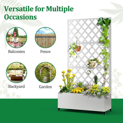 Metal Raised Garden Bed with Trellis and Wheels, 2 in 1 Trellis with Planter Box & Privacy Screen for Climbing Plants, Outdoor Standing Flower Beds with Drainage Holes, 35.4"L x 15.7"W x 70.9"H, White