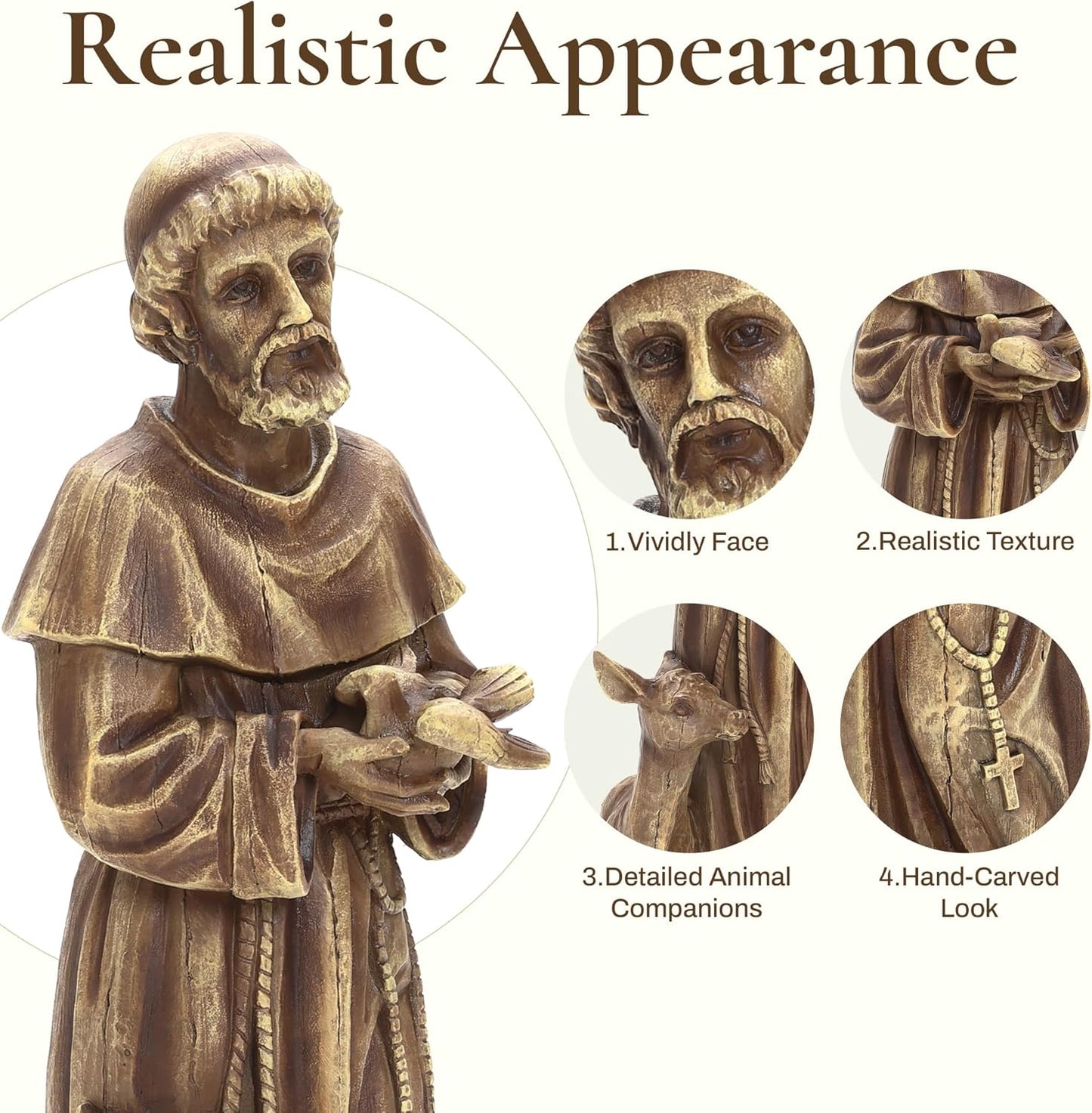 LuxenHome 25'' Saint Francis Garden Statue, Religious Garden Sculpture, Catholic St. Francis Statue for Patio, Yard, Home, Fiber Stone Decor, Outdoor Sculptures Decorations, Brown