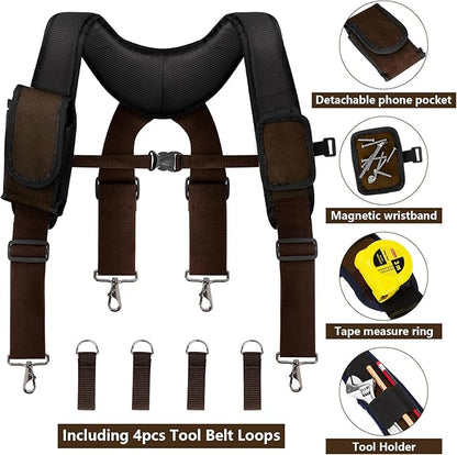 Tool Belt With Suspenders, 24 Pockets Tool Bag with Magnetic Wristband, Detachable Tool Pouch Bag, Adjustable Waists for Men Electrician Carpenter Construction (Brown)