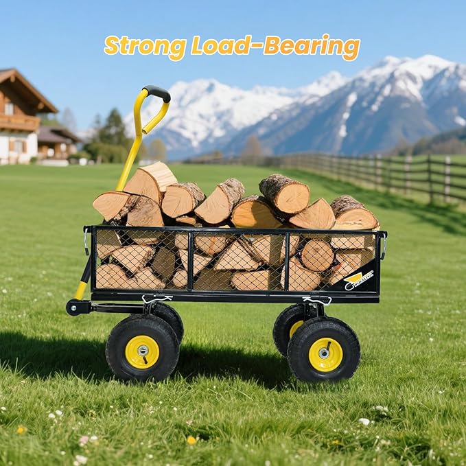 900 lbs Steel Garden Cart, Heavy Duty Yard Utility Wagon with 10" Pneumatic Tires, Removable Mesh Sides and 180° Rotating Anti-Slip Handle