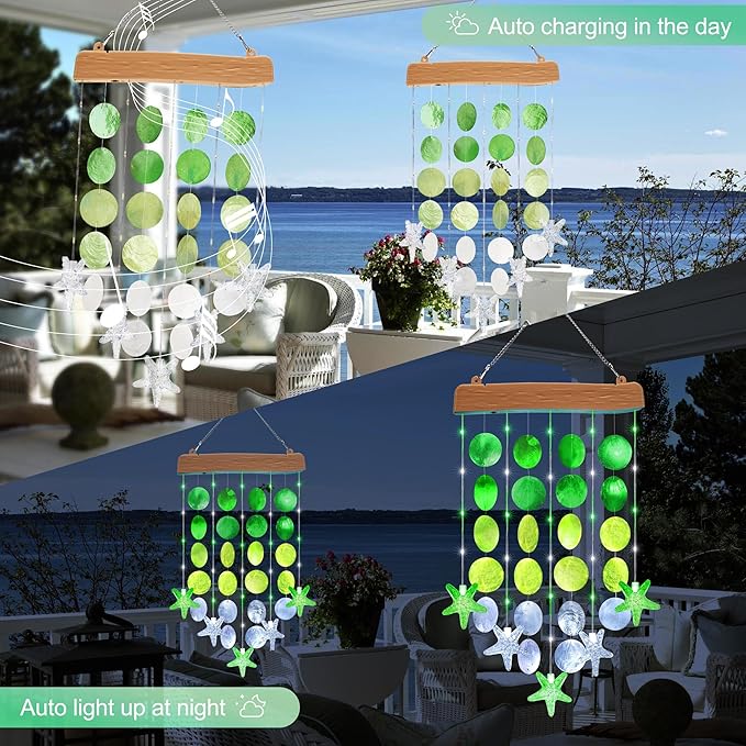 Toodour Solar Wind Chimes for Outside, Birthday Gifts for Women Mom Grandma, Waterproof 2 Modes Shells Solar Powered Outdoor Lights for Patio Holiday Garden Porch Yard Outdoor Decor - White & Green
