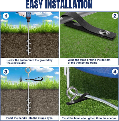 Eurmax USA Trampoline Stakes Screw in Tent Stakes Parts Heavy Duty for Canopies,4-Pack Outdoor Anchor Kit with Straps(Silver)