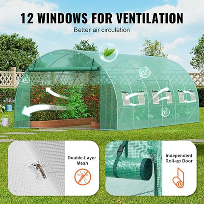 VEVOR Walk-in Tunnel Greenhouse, 19.4x9.7x6.5 ft Hoop House Greenhouse Tunnel, Plant Hot House with Galvanized Steel Frame, Green PE Cover, Roll-up Zipper Door and 12 Windows for Outdoor