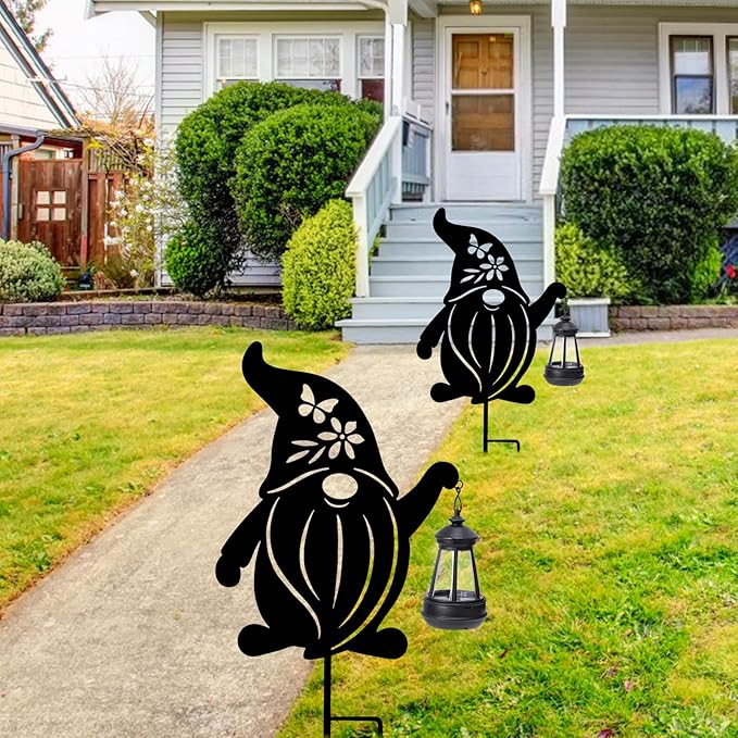 Afirst Solar Outdoor Garden Stake Solar Gnome Decorative Stake Light with Lantern Halloween Decorative Metal Outdoor Ornament for Yard Pathway Lawn Patio