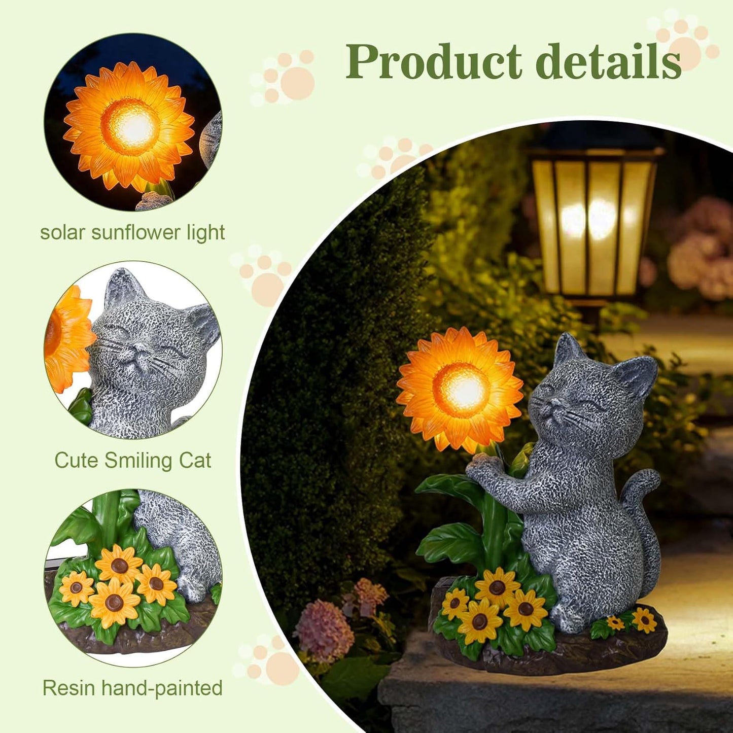 Solar Garden Decor Cat Statue with Sunflower Light, Outdoor Ornaments for Home Patio Yard Balcony Lawn, Birthday Gifts for Cat Lovers Women, Mom, Grandma