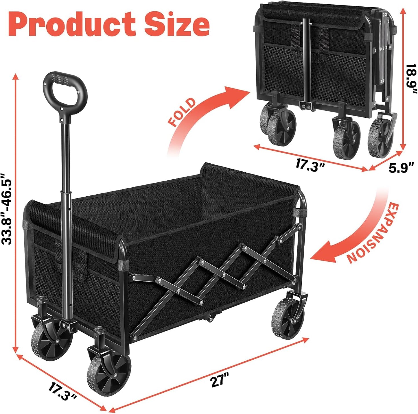 Wagons Carts Foldable,360 lbs Collapsible Wagon with Wheels Foldable Wagon Cart with Flexible Handle,Lightweight Portable Folding Cart for Camping Beach Picinic Grocery Sports Shopping Classic Black