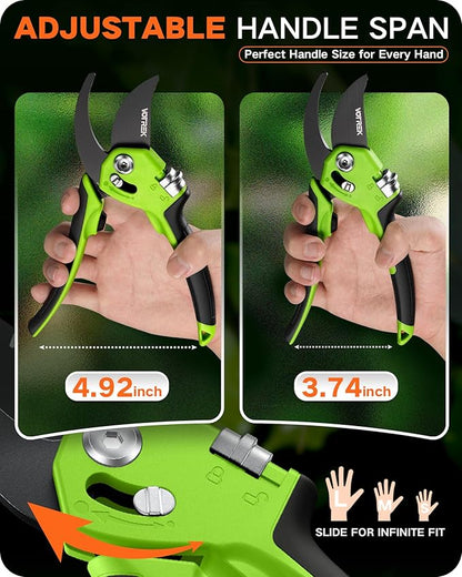 Pruning Shears for Gardening - 8.5" Garden Clippers with SK5 Blade, Stepless Adjustable Handle for All Hand, Ergonomic Bypass Plant Pruners Scissors for Heavy Duty Branch Bush Rose Tool