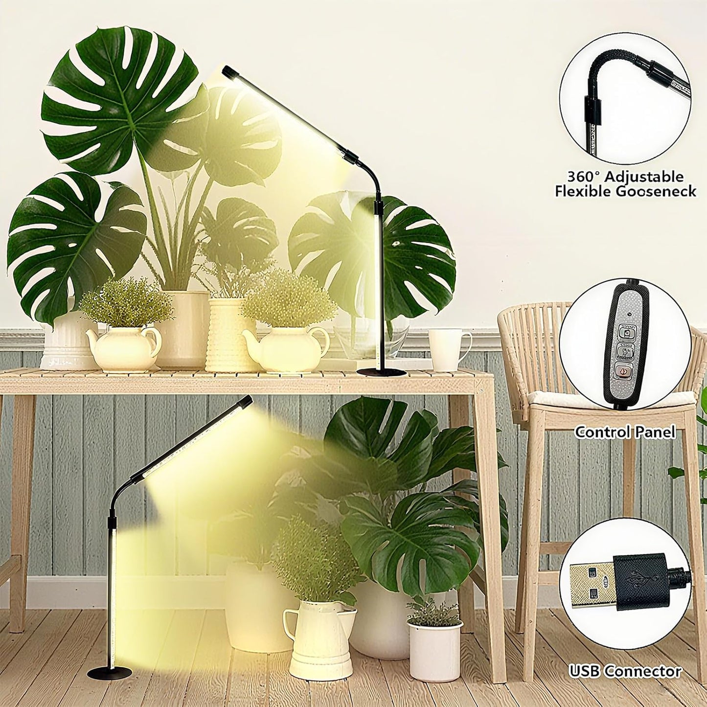 Grow Light for Indoor Plants with Timer, 28.7" Flexible Gooseneck Plant Light for Desk, 4-Dimming Levels & Auto 3/9/12H Timer, USB Powered Office Grow Light for Succulents, Herbs, Monstera