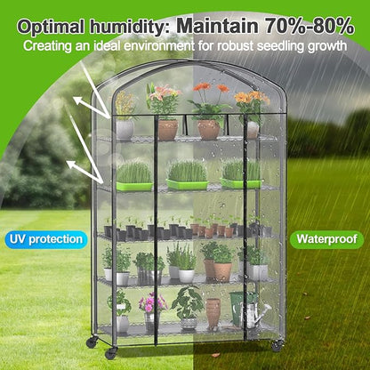 Abimars 5-Tier Greenhouse with Caster Wheel, Each Shelf Height Adjustable Metal Plant Shelf with PVC Cover for Seed Starting Trays, Seedling Pots, Plant Pots, 21x49x80inch