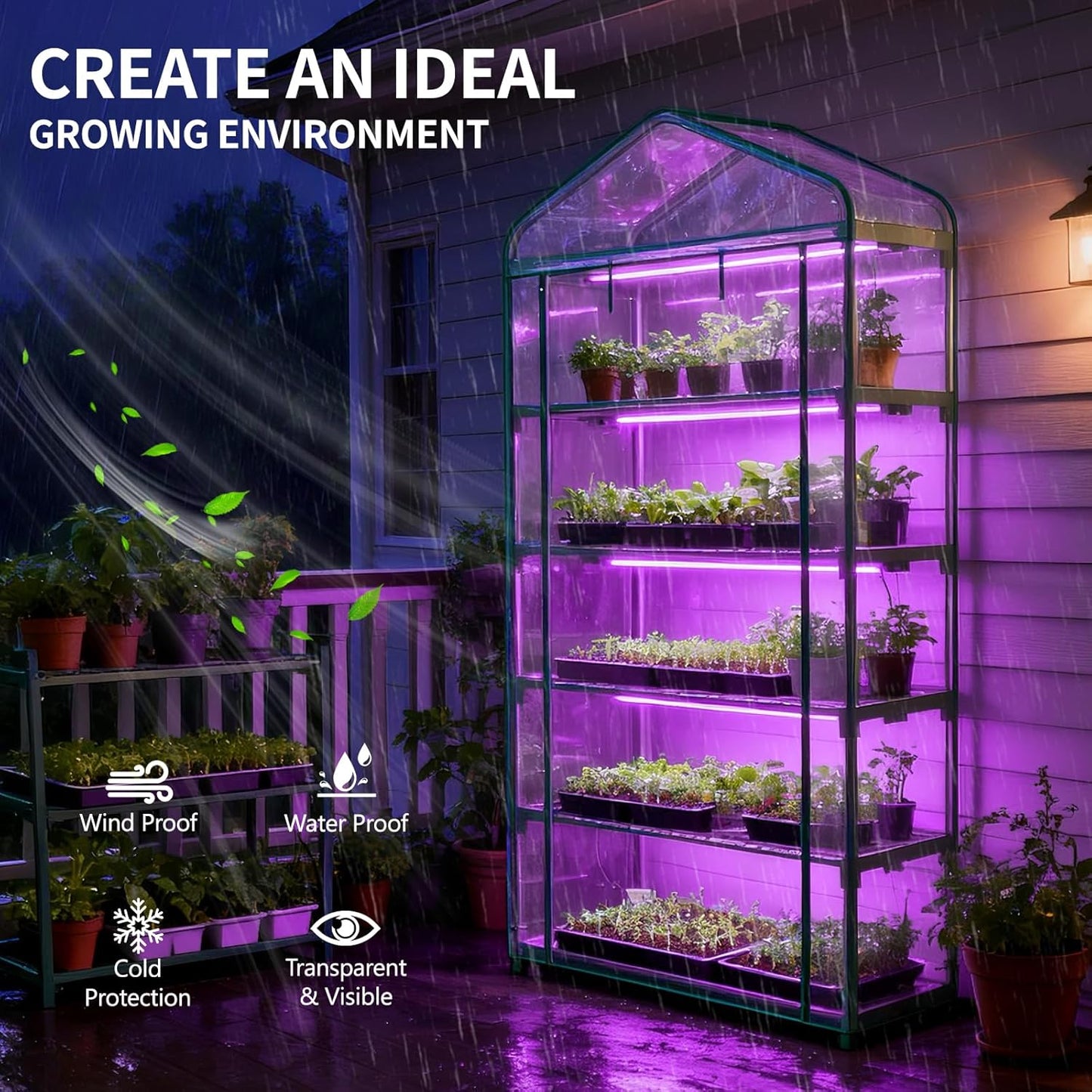 Indoor Greenhouse with Grow Light, 5-Tier 35.4"x19"x74.8" Mini Greenhouse with Roll-Up Zippered PVC Cover for Seed Starting Trays, Dimmable Grow Light Shelf for Indoor Plants with Timer