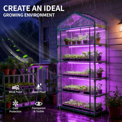 Indoor Greenhouse with Grow Light, 5-Tier 35.4"x19"x74.8" Mini Greenhouse with Roll-Up Zippered PVC Cover for Seed Starting Trays, Dimmable Grow Light Shelf for Indoor Plants with Timer
