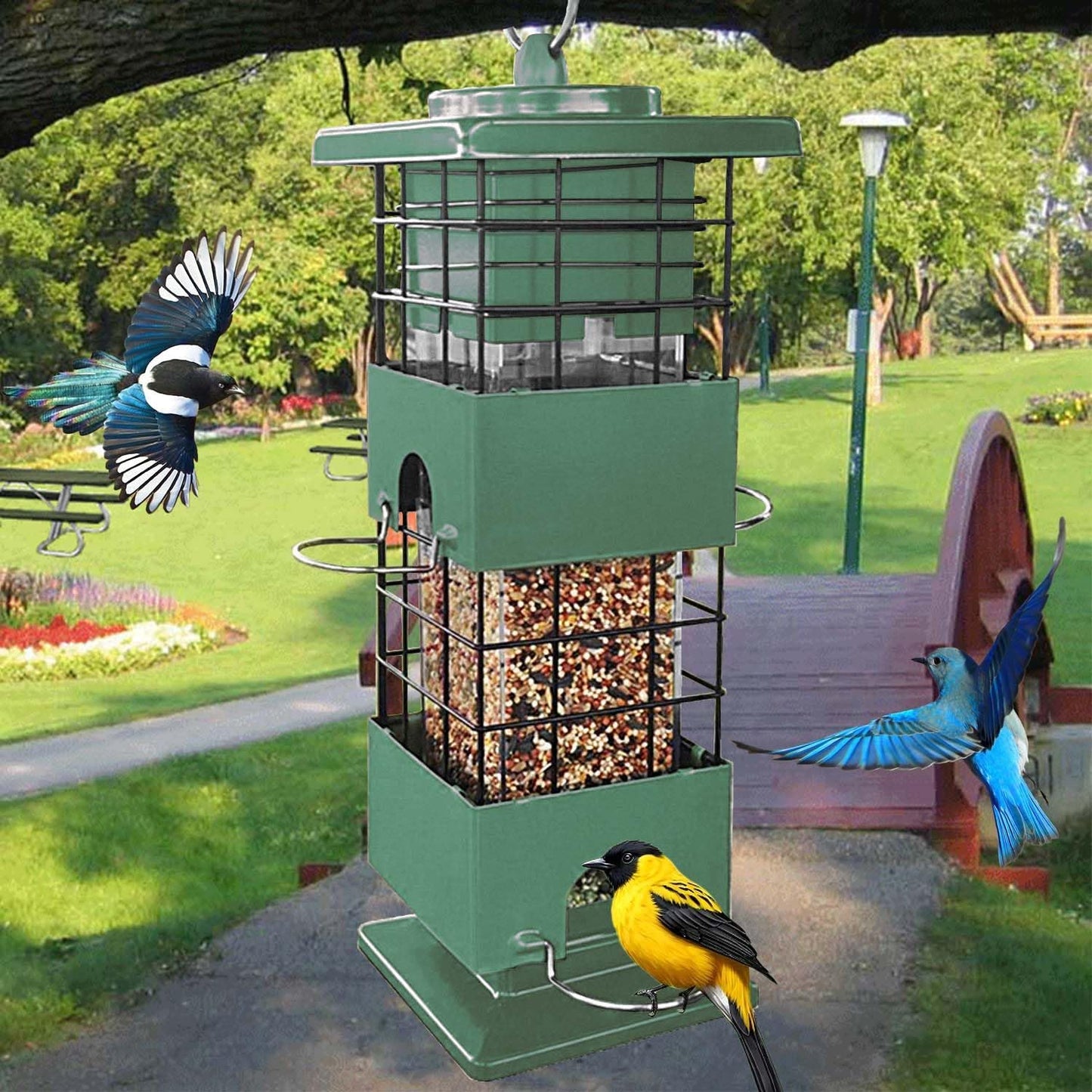 Squirrel Proof Bird Feeder, Metal Bird Feeders for Outdoors, 3 Lbs Birdfeeder Outside Hanging, Weight Activated Spring, 4 Feeding Ports, Cardinals, Finches and Sparrows, Wild Birds (Green)