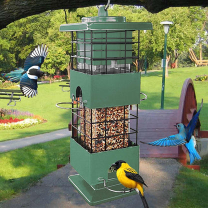 Squirrel Proof Bird Feeder, Metal Bird Feeders for Outdoors, 3 Lbs Birdfeeder Outside Hanging, Weight Activated Spring, 4 Feeding Ports, Cardinals, Finches and Sparrows, Wild Birds (Green)
