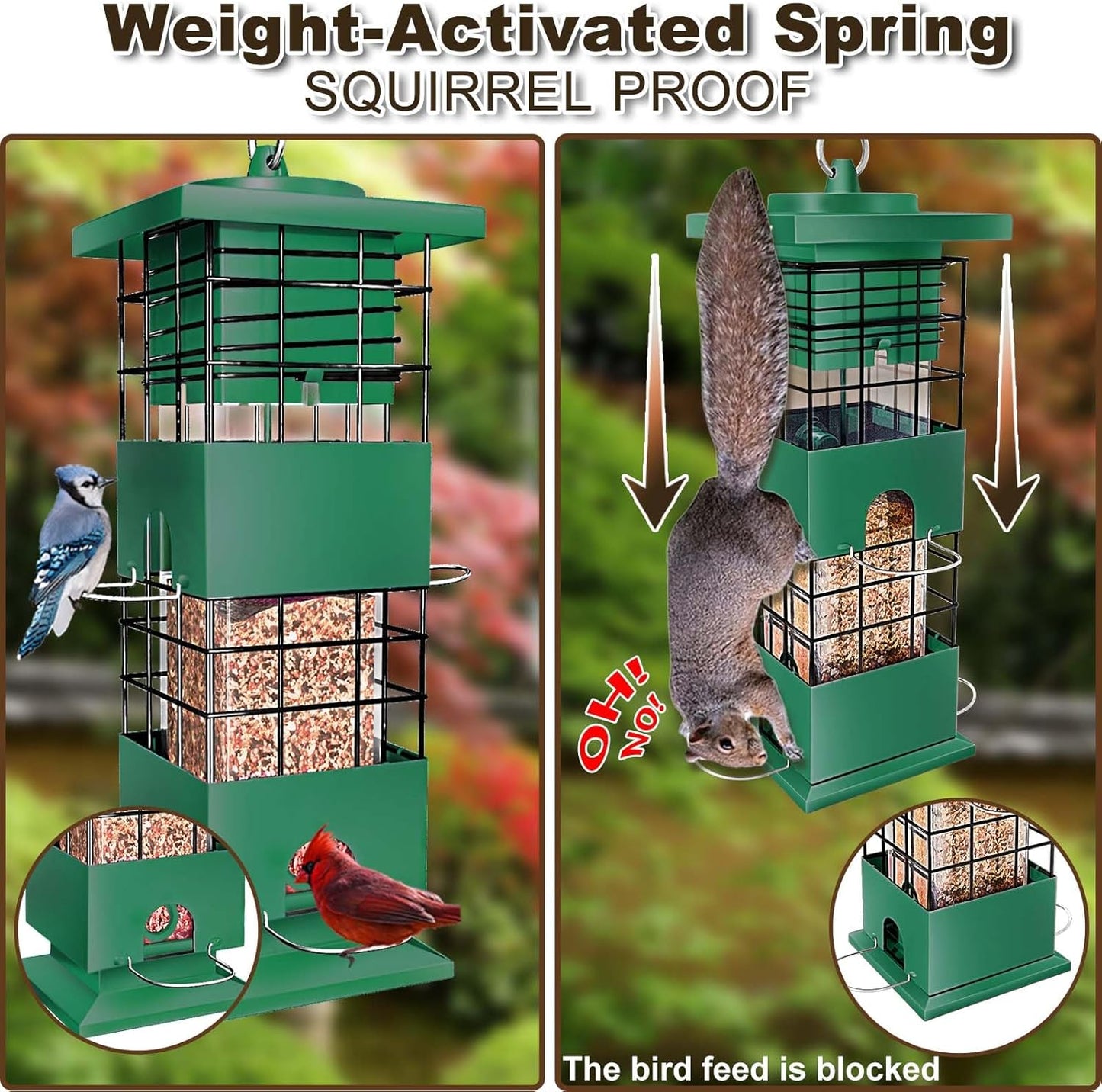 Squirrel Proof Bird Feeder, 3LBS Large Capacity Hanging Bird Feeders with Weight-Activated Perches for Outdoors, Metal Anti-Squirrel Wild Birdfeeder for Blue Jay, Cardinal, Outside (Green)